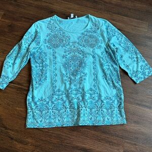 Medium Southern Lady Bedazzled / Beaded Elegant Blue Paisley Women's Top